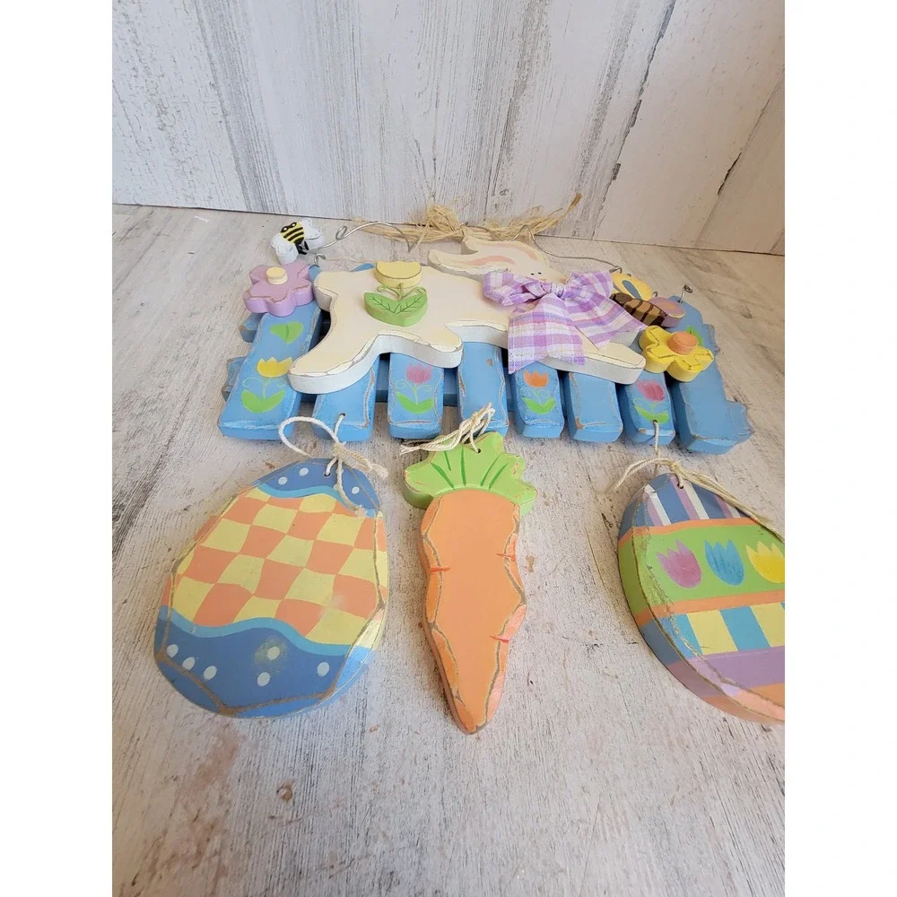 Easter bunny hop spring wooden egg wall hanging home decor flower rabbit